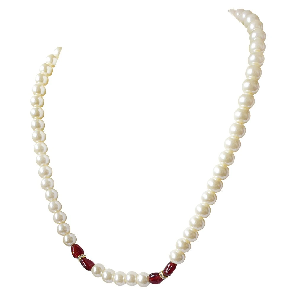 Single Line White Shell Pearl, Oval Shaped Red Stone & Stone Ring Necklace Earring Set (PS475)