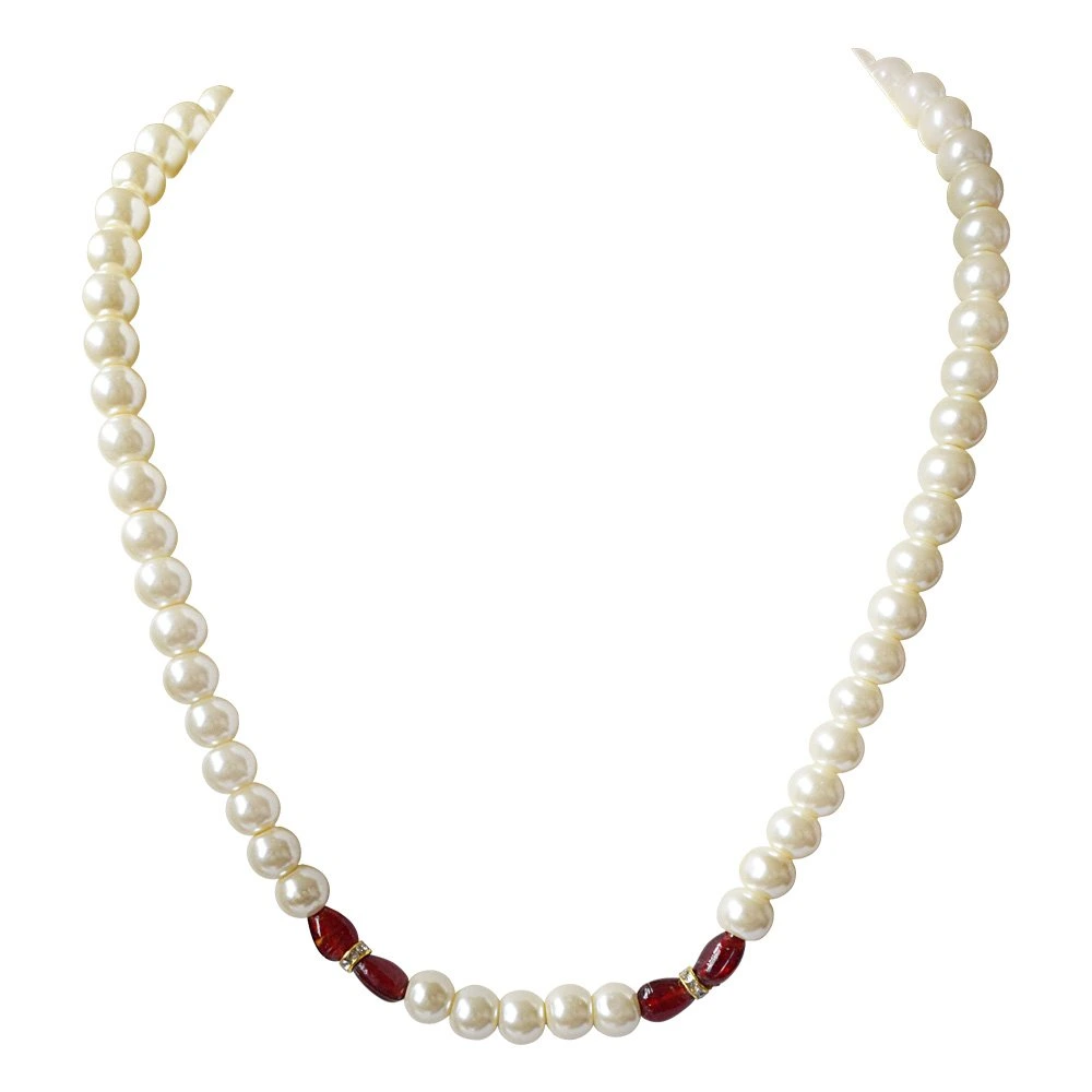 Single Line White Shell Pearl, Oval Shaped Red Stone & Stone Ring Necklace Earring Set (PS475)