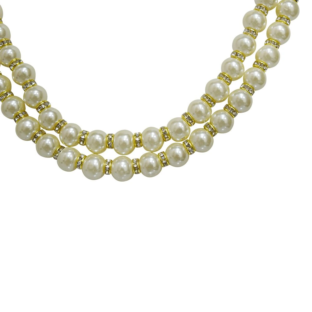 2 Line White Shell Pearl and Gold Plated Stone Ring Necklace (PS476)
