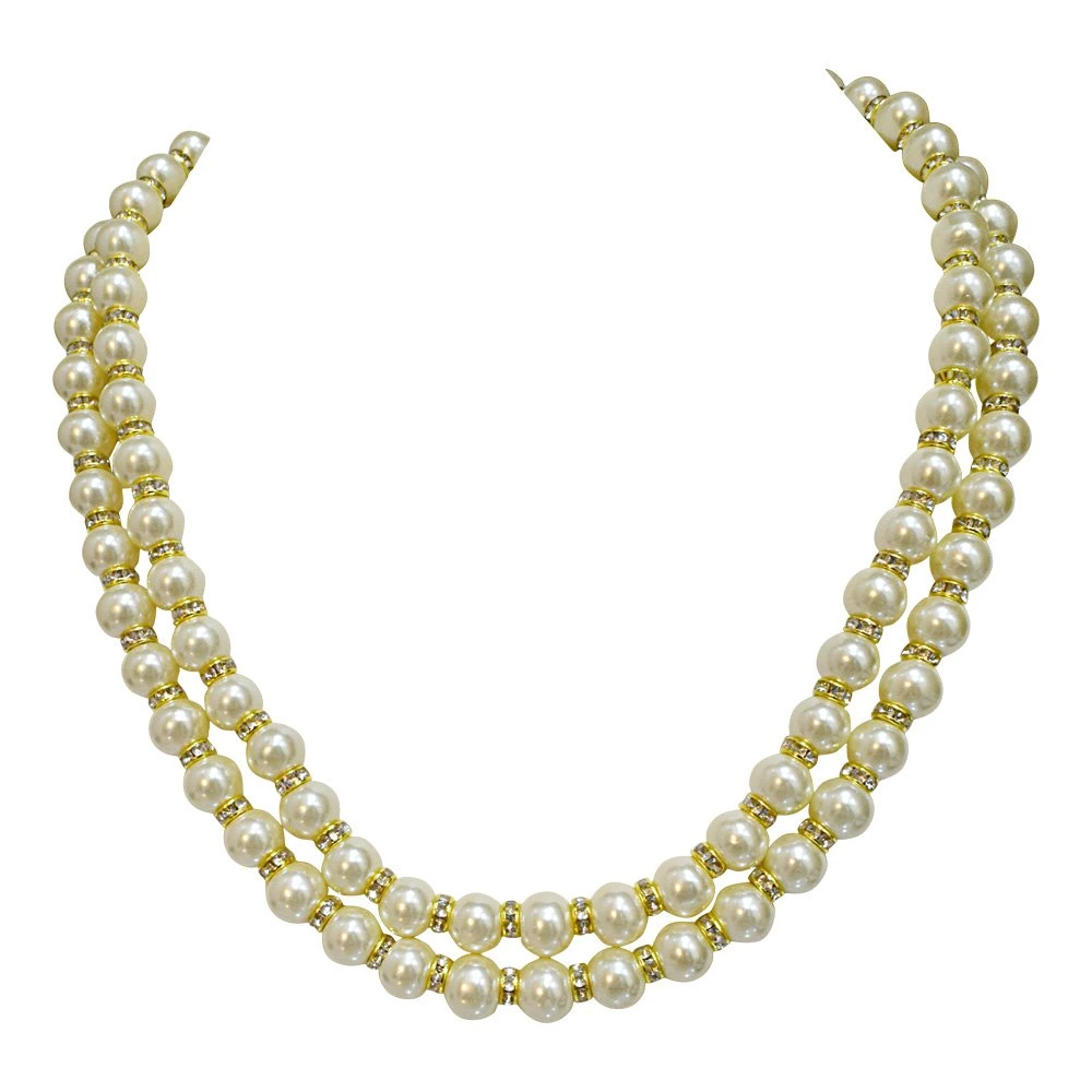 2 Line White Shell Pearl and Gold Plated Stone Ring Necklace (PS476)