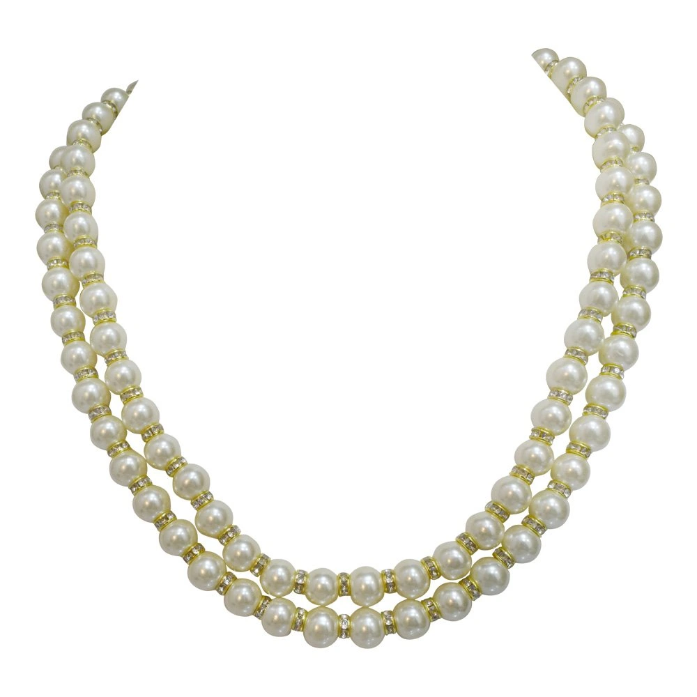 2 Line White Shell Pearl and Gold Plated Stone Ring Necklace (PS476)