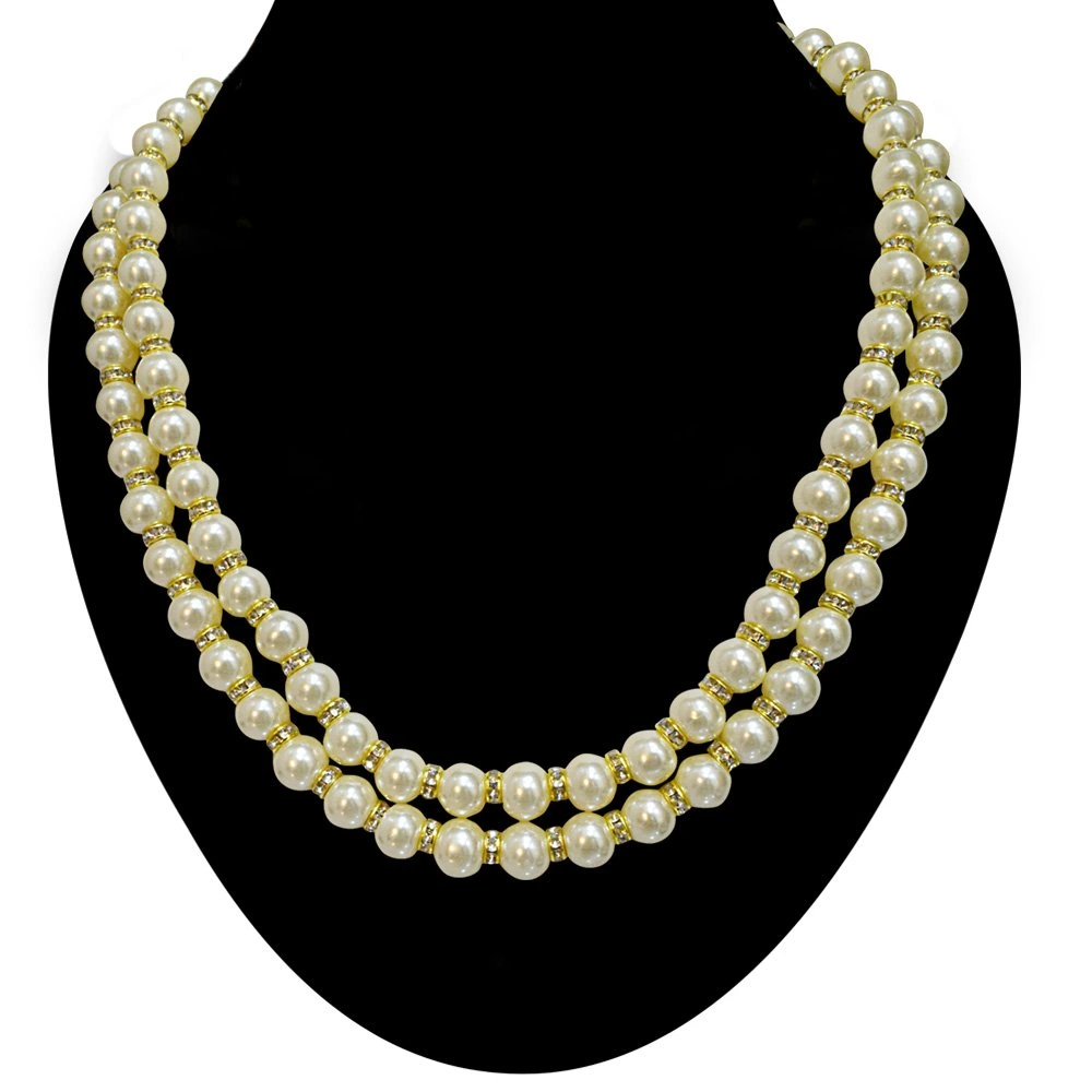 2 Line White Shell Pearl and Gold Plated Stone Ring Necklace (PS476)