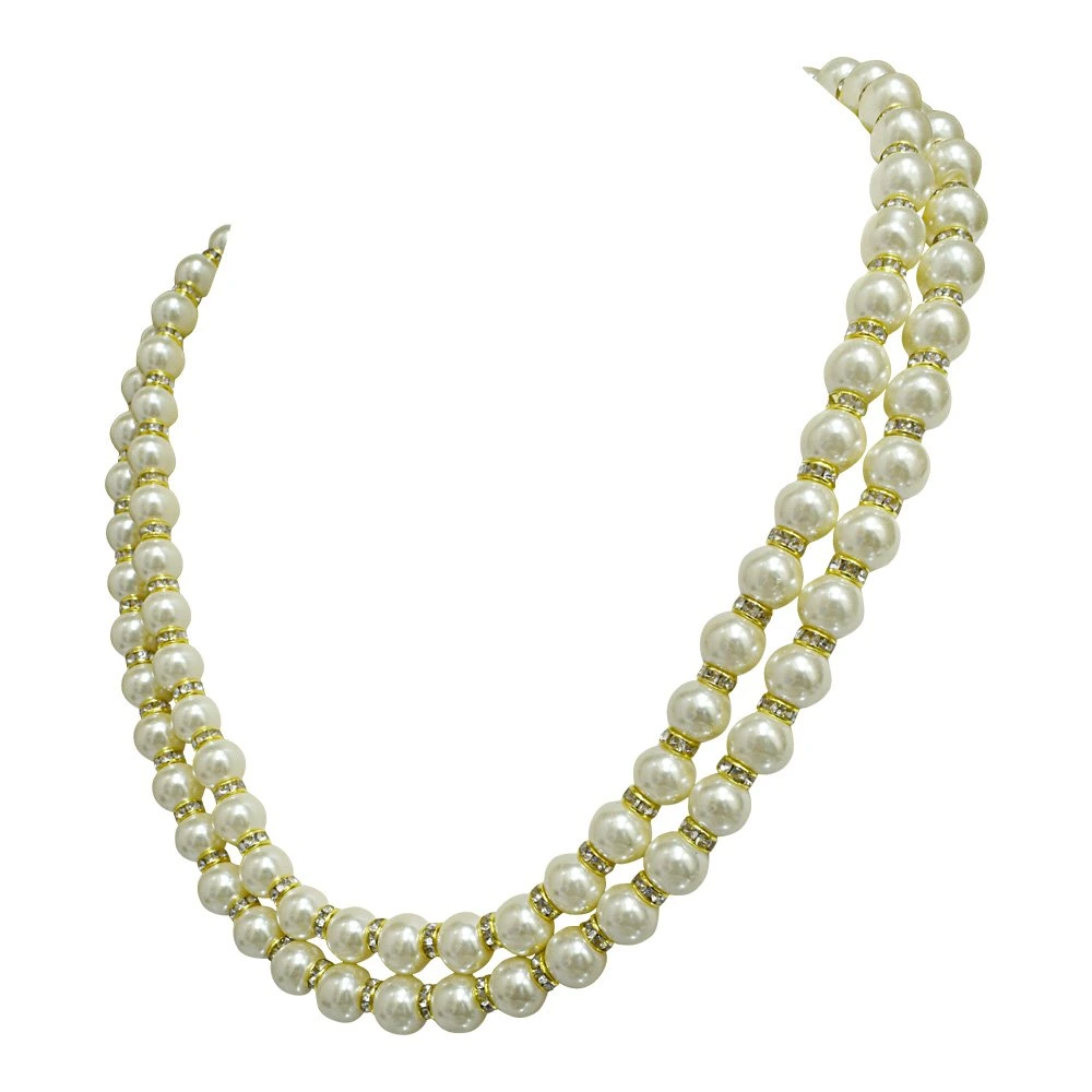 2 Line White Shell Pearl and Gold Plated Stone Ring Necklace (PS476)