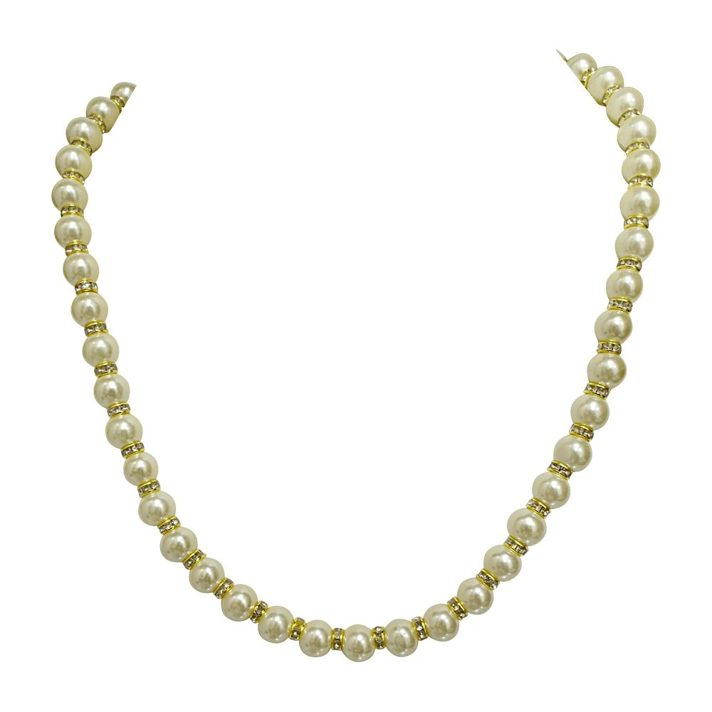 Single Line White Shell Pearl and Gold Plated Stone Ring Necklace (PS477)