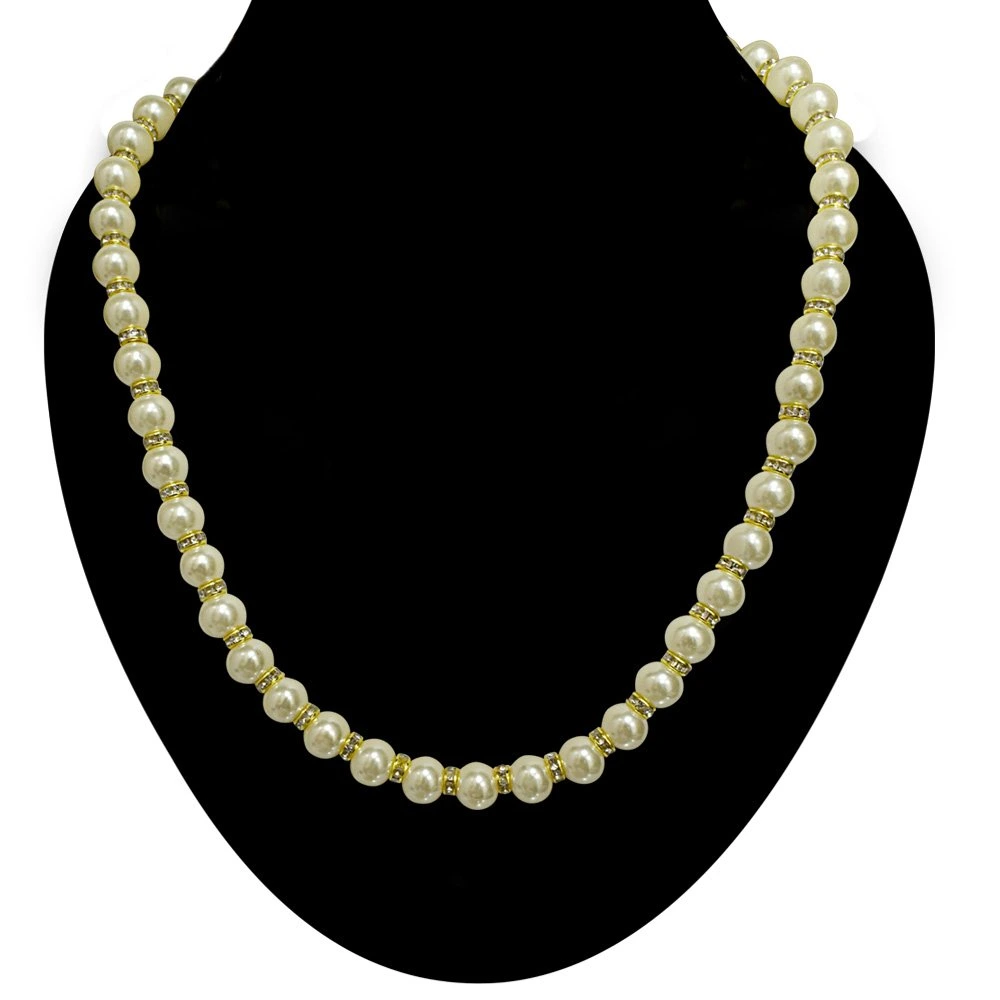 Single Line White Shell Pearl and Gold Plated Stone Ring Necklace (PS477)