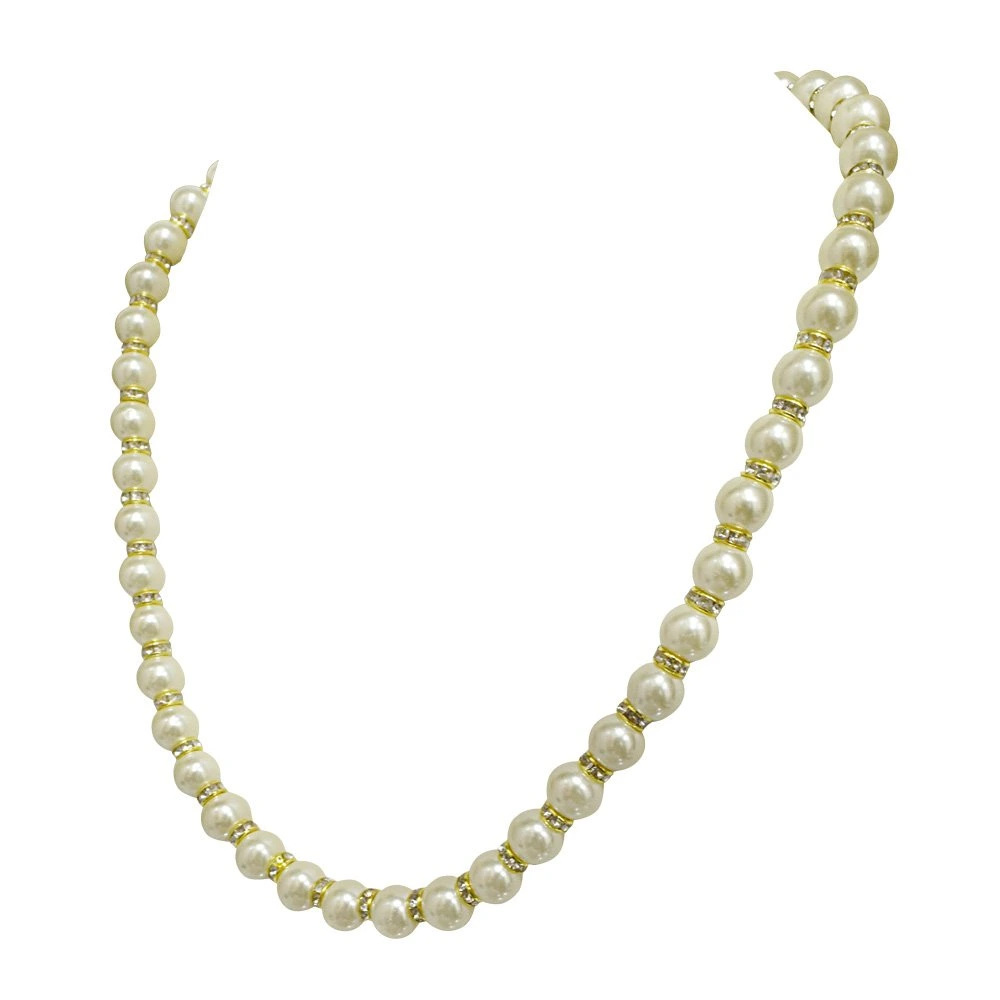 Single Line White Shell Pearl and Gold Plated Stone Ring Necklace (PS477)