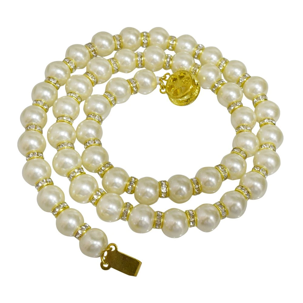 Single Line White Shell Pearl and Gold Plated Stone Ring Necklace (PS477)