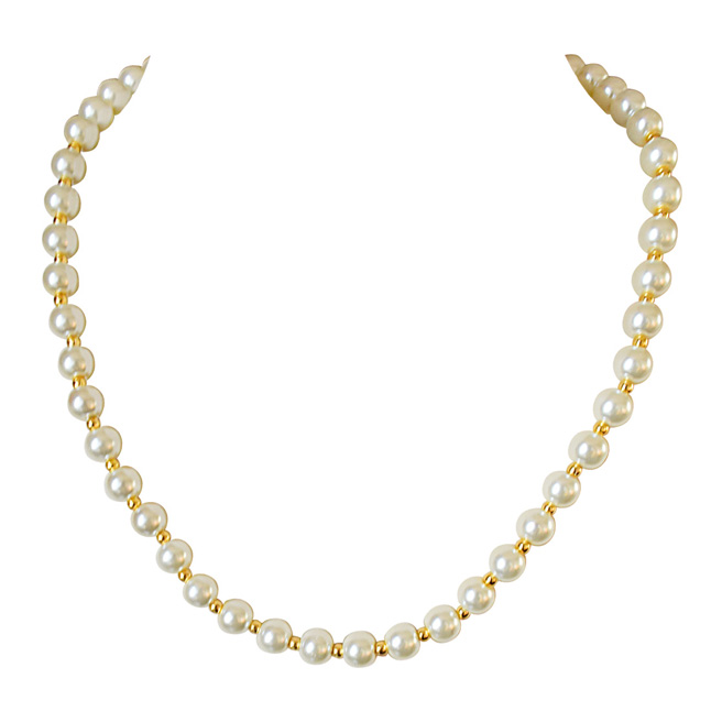 Single Line White Shell and Gold Plated Beads Pearl Necklace (PS531)