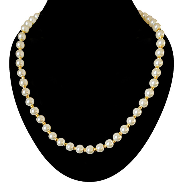 Single Line White Shell and Gold Plated Beads Pearl Necklace (PS531)