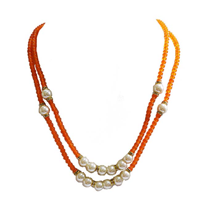 2 Line White Shell Pearl and Orange Stone Necklace for Women (PS535)