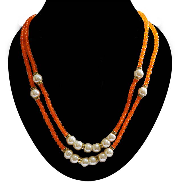 2 Line White Shell Pearl and Orange Stone Necklace for Women (PS535)