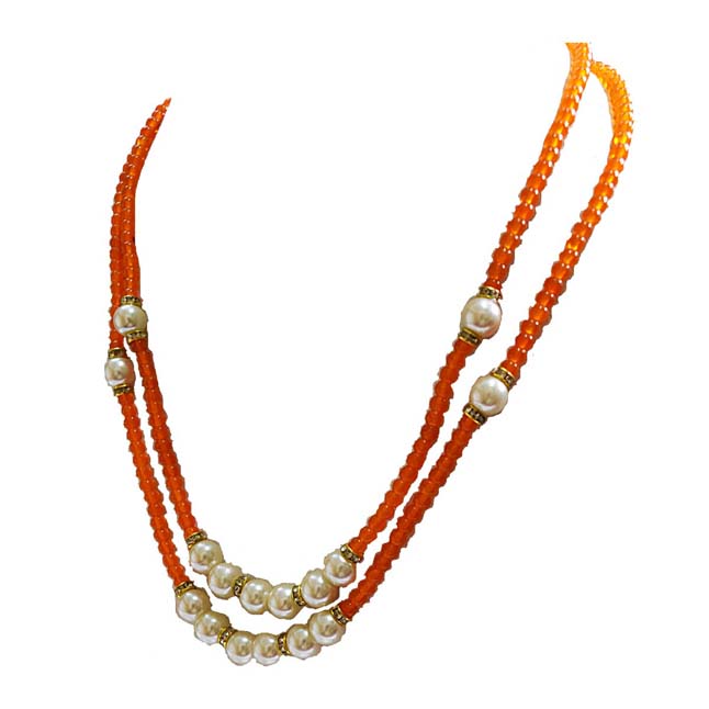 2 Line White Shell Pearl and Orange Stone Necklace for Women (PS535)