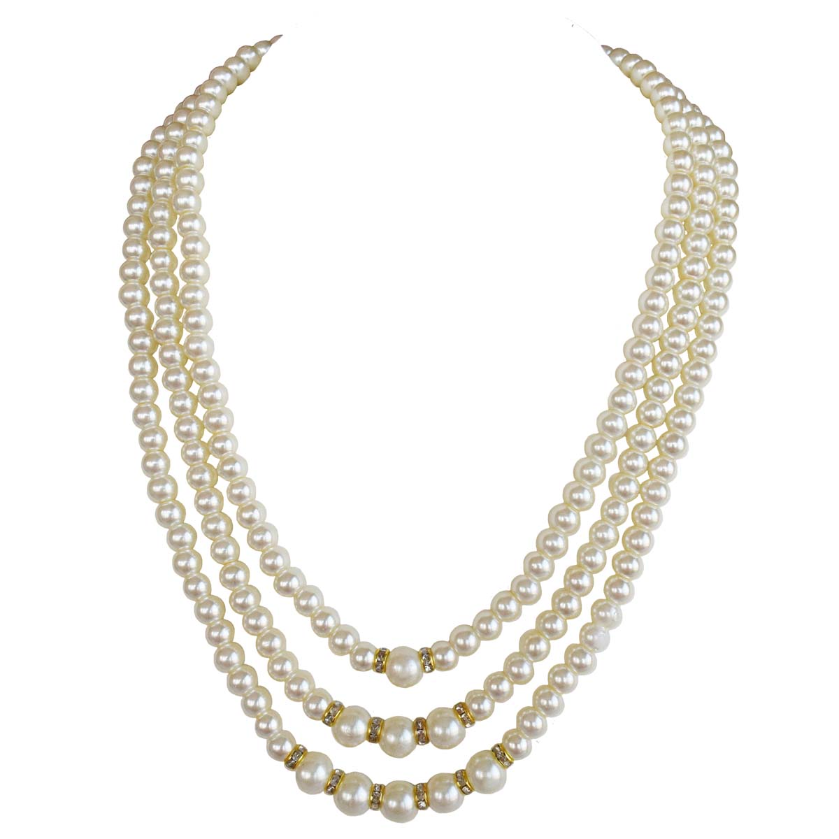 Three Line Shell Pearl with Gold Plated Rings Necklace for Women (PS574)