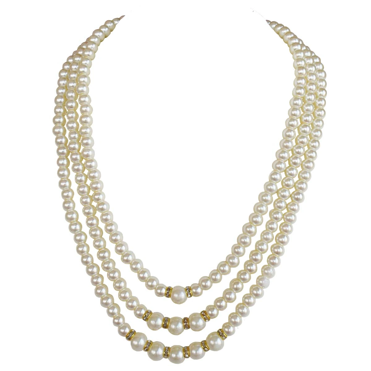 Three Line Shell Pearl with Gold Plated Rings Necklace for Women (PS574)
