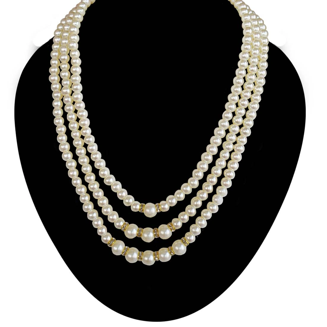 Three Line Shell Pearl with Gold Plated Rings Necklace for Women (PS574)