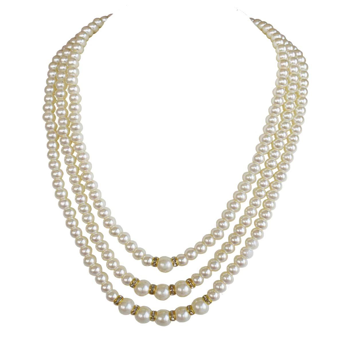 Three Line Shell Pearl with Gold Plated Rings Necklace for Women (PS574)