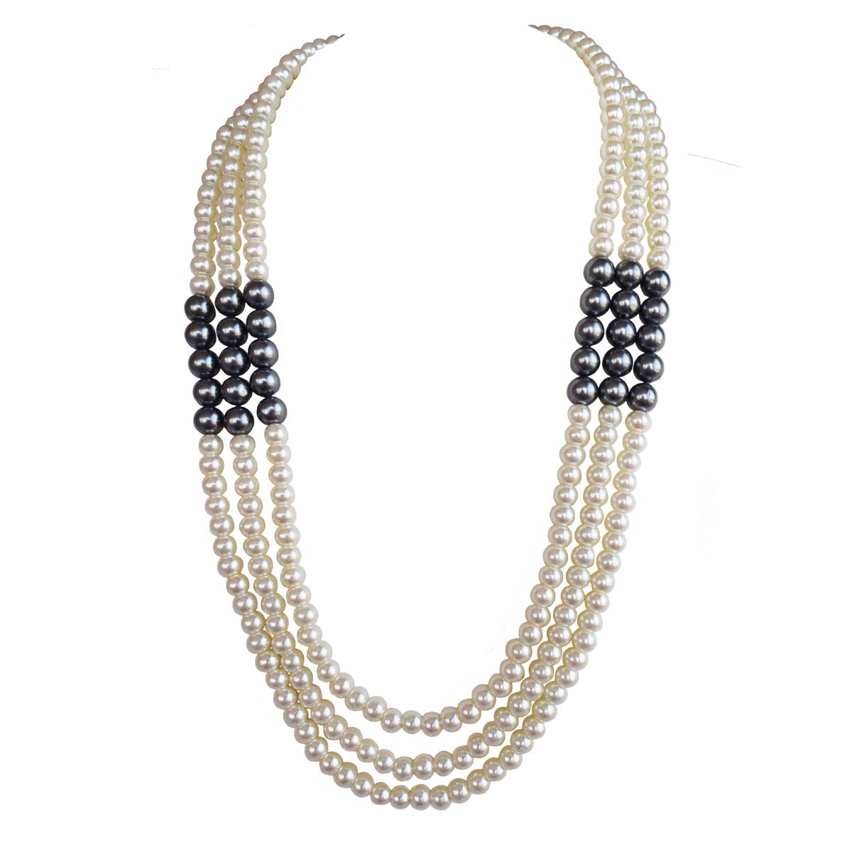 3 Line White & Gray Shell Pearl Necklace for Women (PS576)