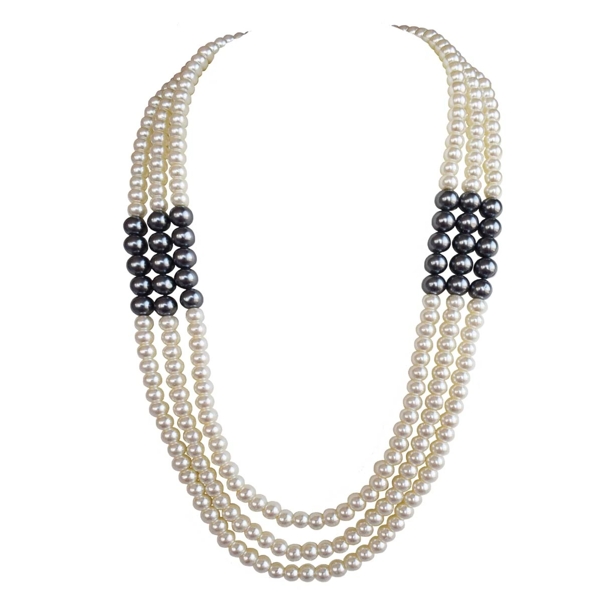 3 Line White & Gray Shell Pearl Necklace for Women (PS576)