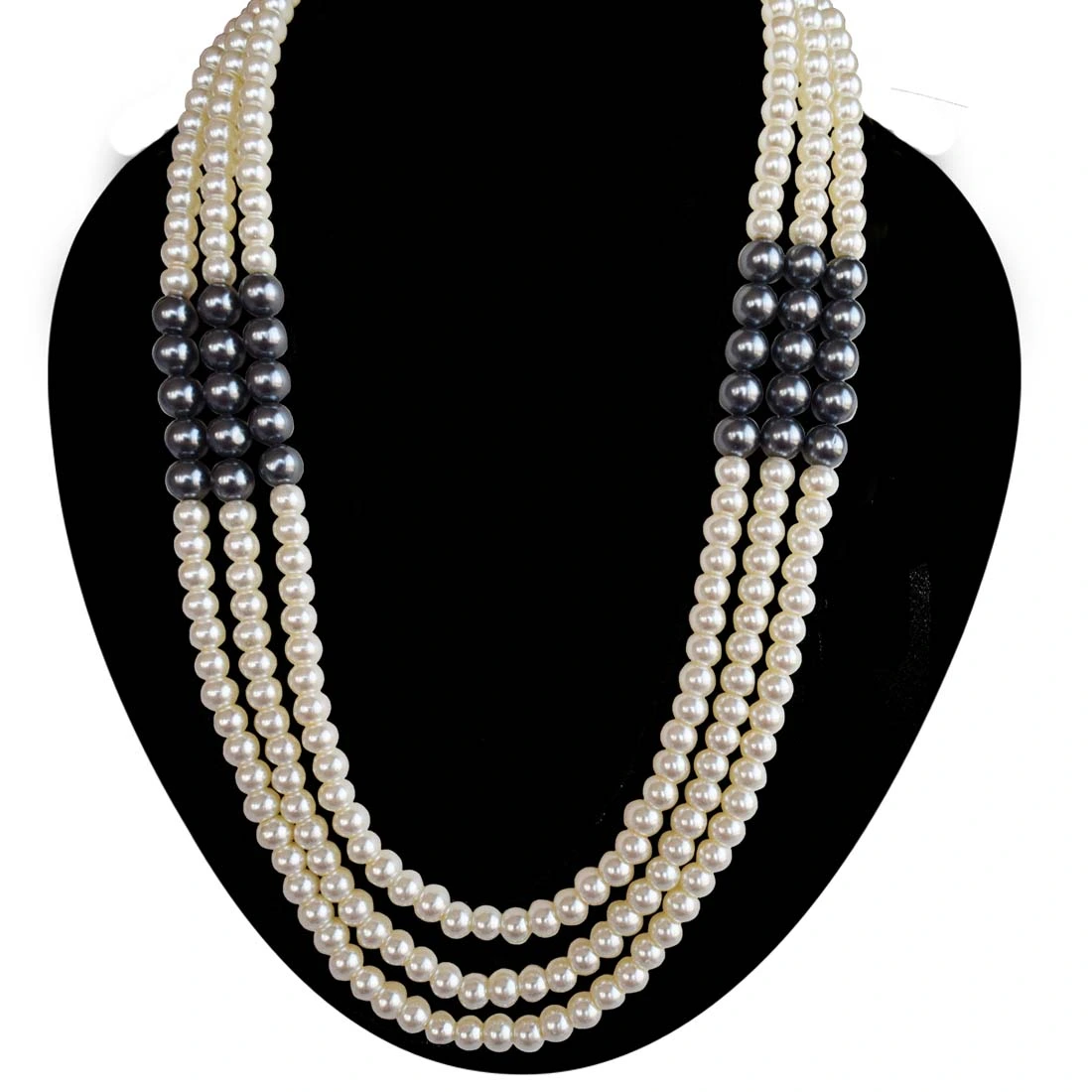 3 Line White & Gray Shell Pearl Necklace for Women (PS576)