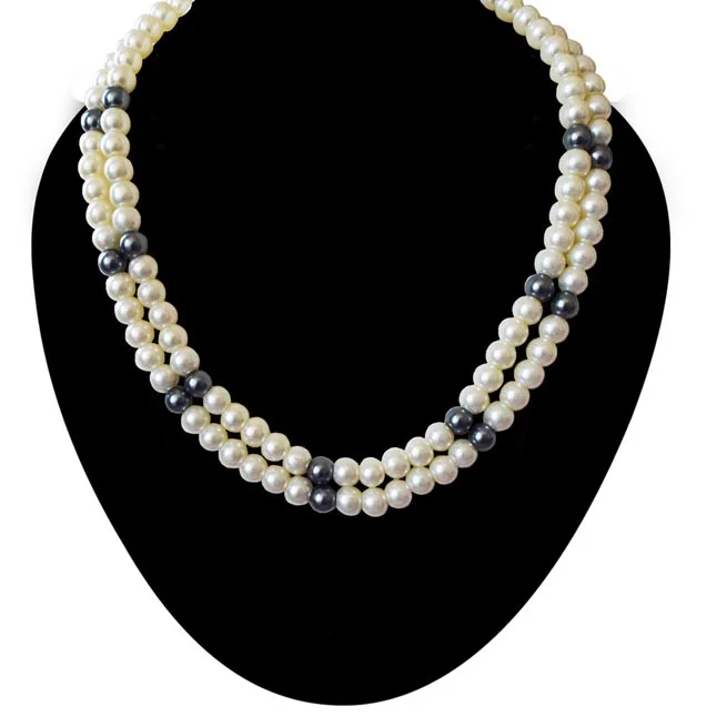 2 Line Heavy Looking White, Grey Shell Pearl Necklace for Women