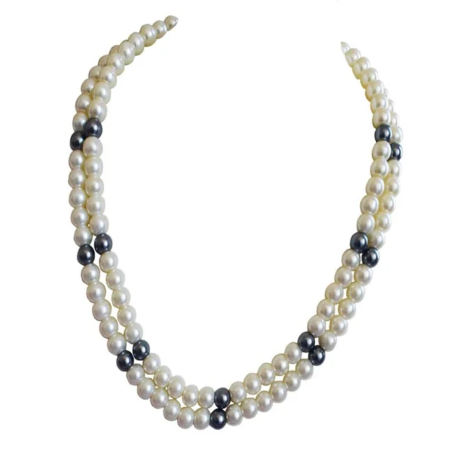 2 Line Heavy Looking White, Grey Shell Pearl Necklace for Women
