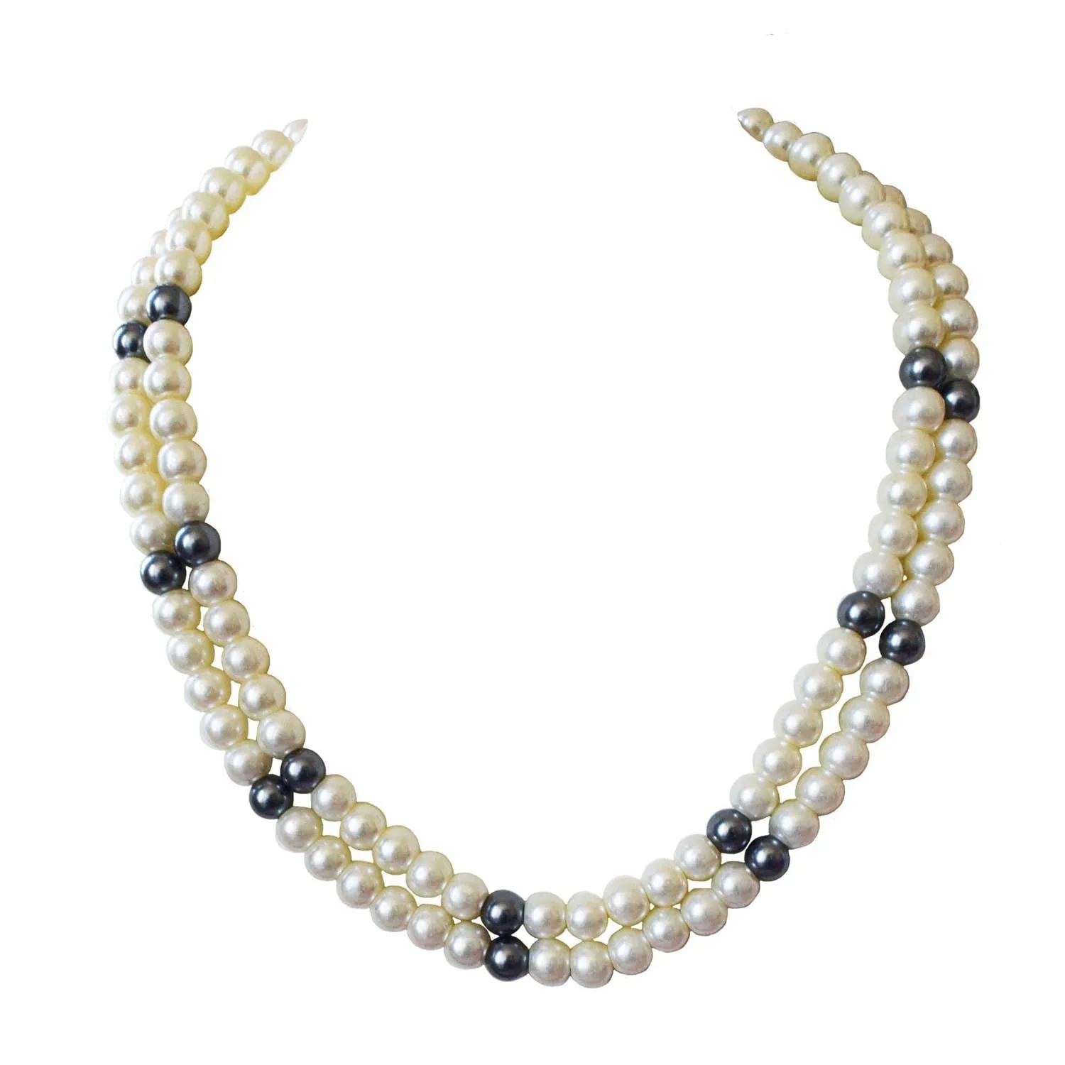 2 Line Heavy Looking White, Grey Shell Pearl Necklace for Women
