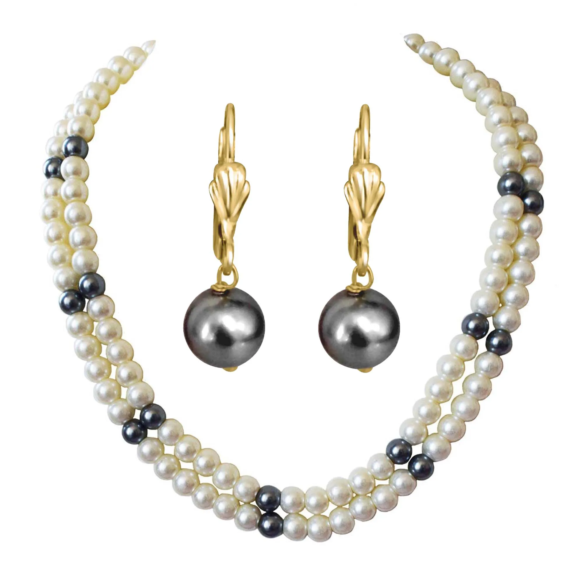2 Line Heavy Looking White, Grey Shell Pearl Necklace & Earrings (PS578+SE256)