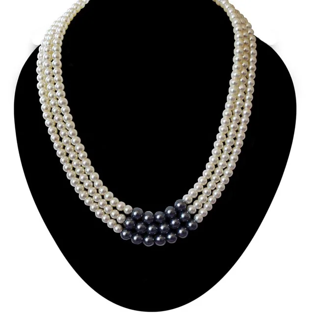 3 Line Heavy Looking White, Grey Shell Pearl Necklace for Women