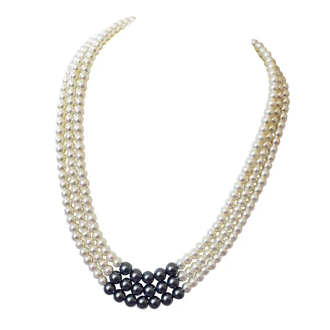 3 Line Heavy Looking White, Grey Shell Pearl Necklace for Women