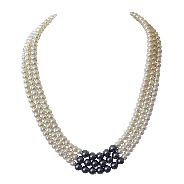 3 Line Heavy Looking White, Grey Shell Pearl Necklace for Women