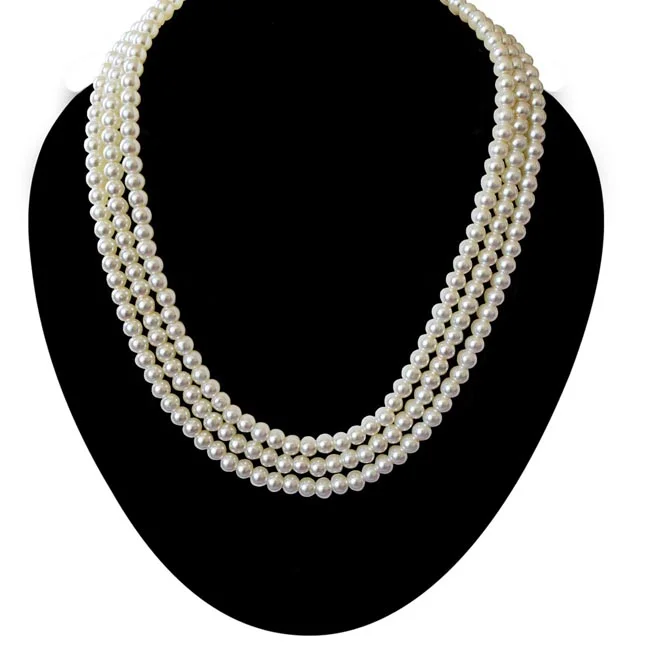 3 Line Heavy Looking White Shell Pearl Necklace for Women
