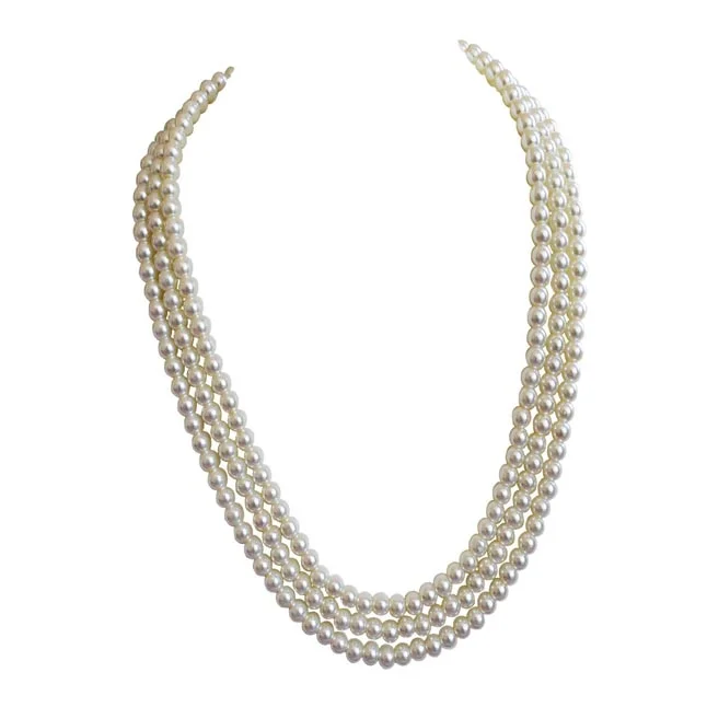 3 Line Heavy Looking White Shell Pearl Necklace for Women