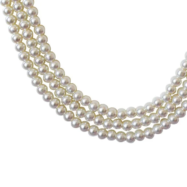 3 Line Heavy Looking White Shell Pearl Necklace for Women