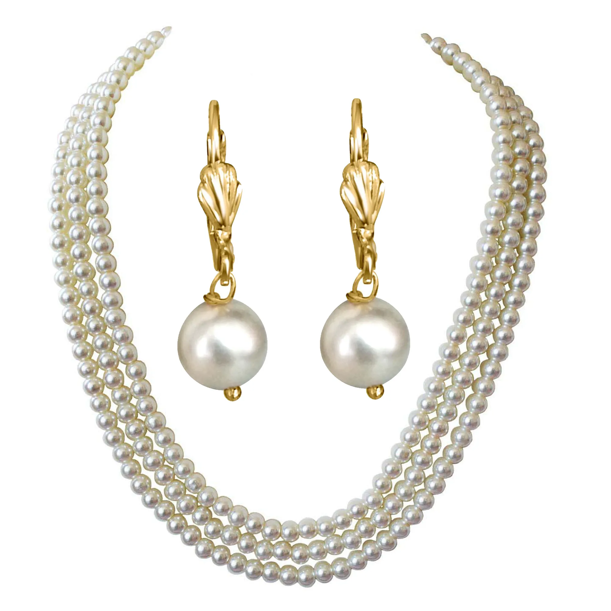 3 Line Heavy Looking White Shell Pearl Necklace & Earrings  (PS580+SE172)