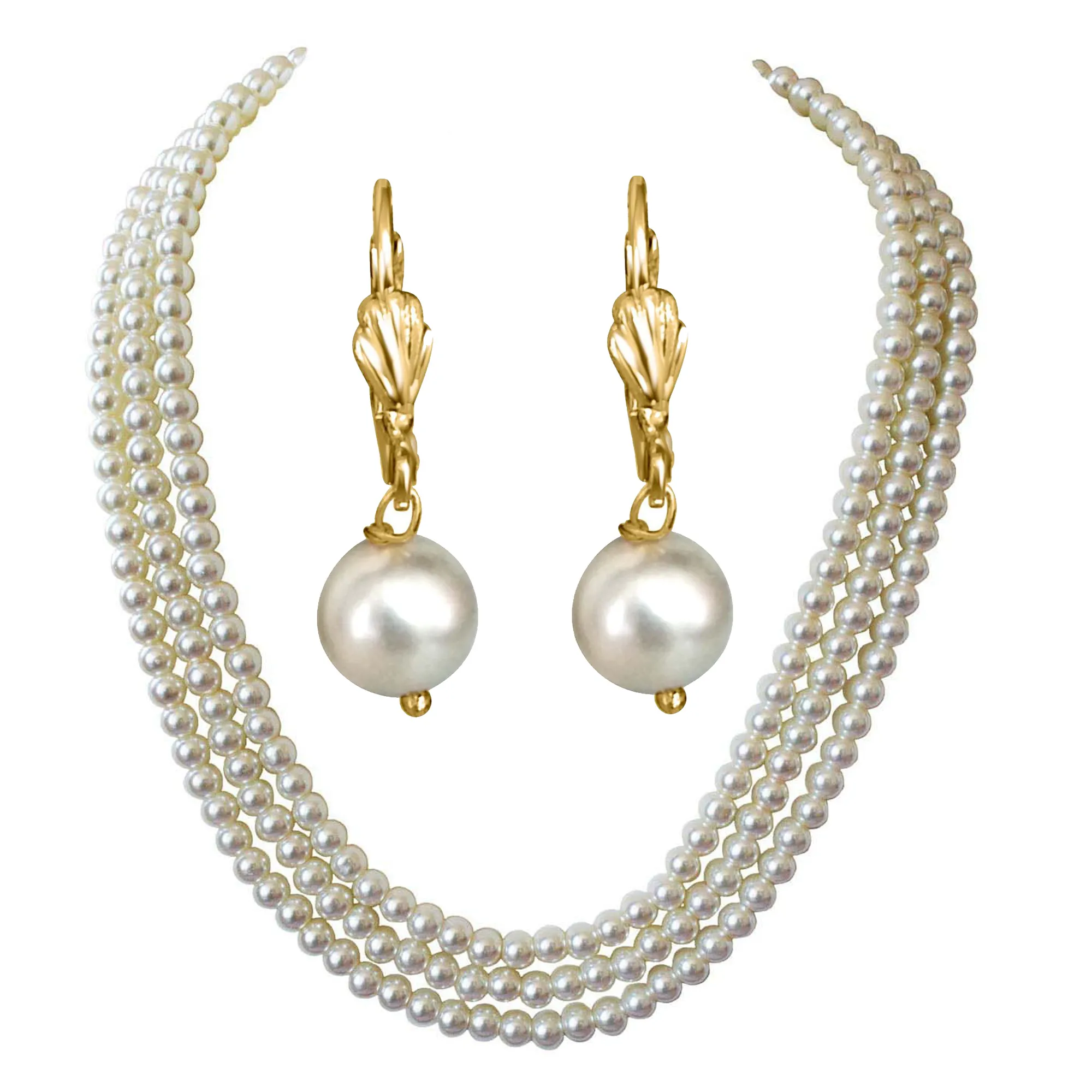 3 Line Heavy Looking White Shell Pearl Necklace  Earrings PS580SE172