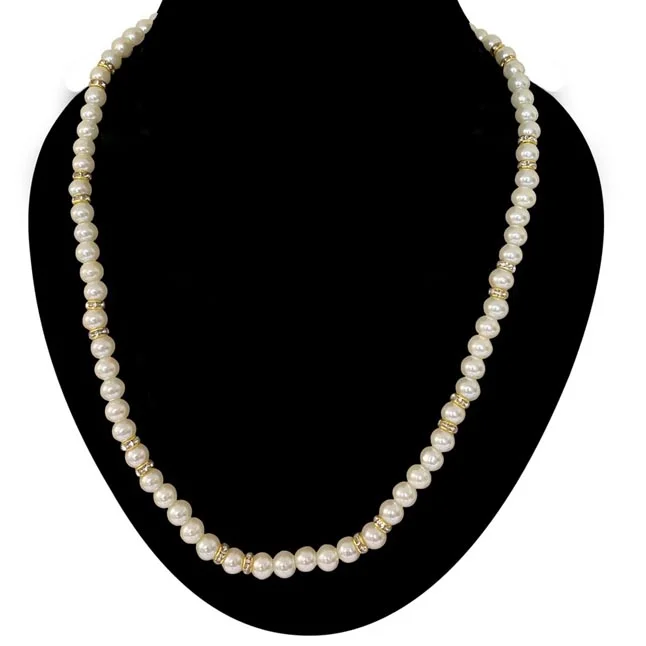 Luminous Elegance: 18 IN White Shell Pearl Necklace with Gold-Plated Diamond Accents (PS583)