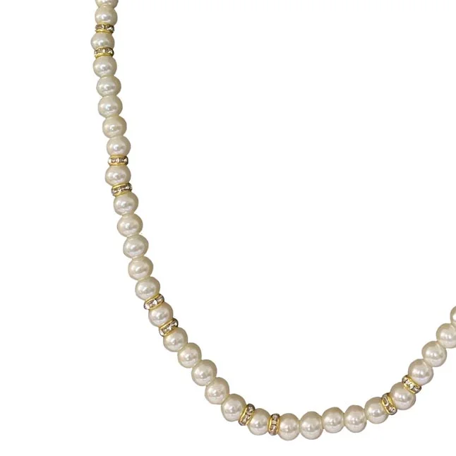 Luminous Elegance: 18 IN White Shell Pearl Necklace with Gold-Plated Diamond Accents (PS583)