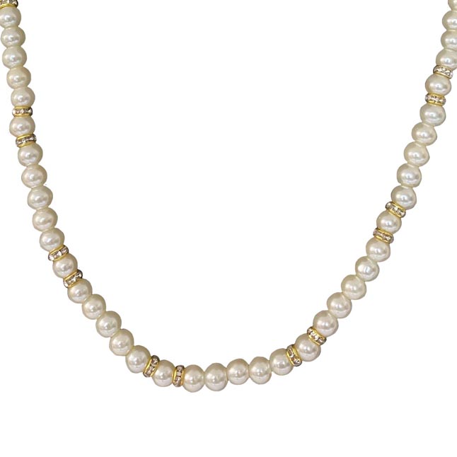 Luminous Elegance: 18 IN White Shell Pearl Necklace with Gold-Plated Diamond Accents (PS583)
