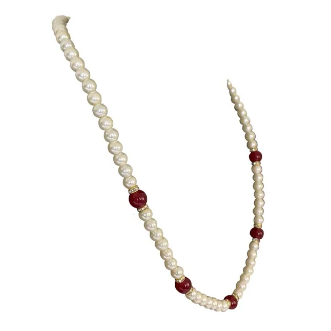 Radiant Charms: Enchanted White Shell Pearl & Crimson Bead Necklace (PS585)