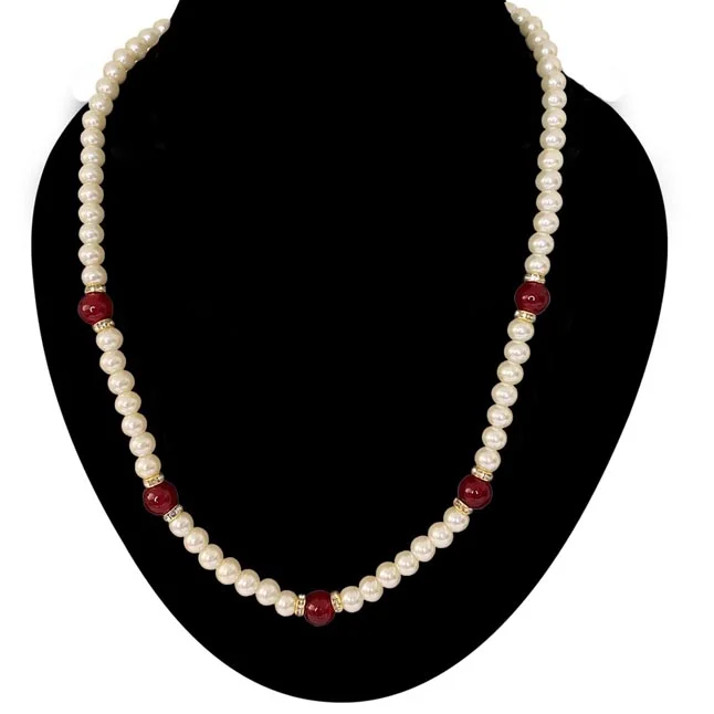 Radiant Charms: Enchanted White Shell Pearl & Crimson Bead Necklace (PS585)