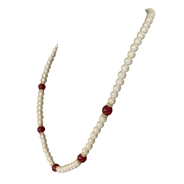 Radiant Charms: Enchanted White Shell Pearl & Crimson Bead Necklace (PS585)