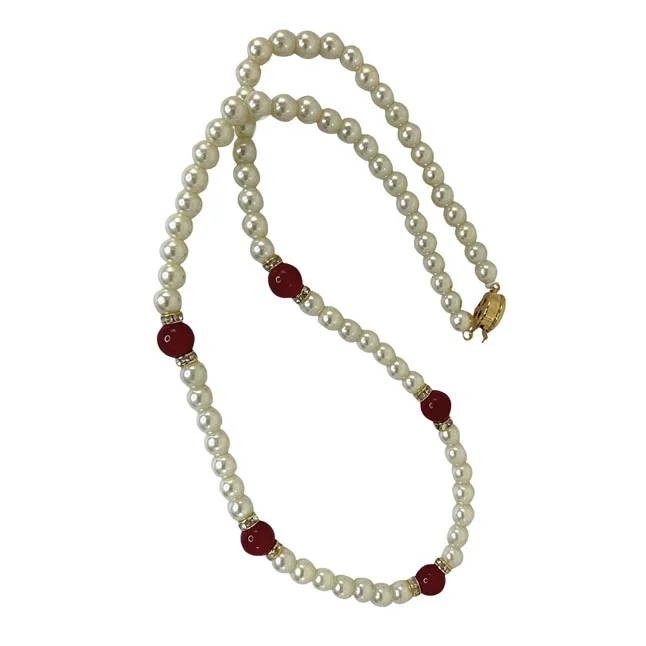 Radiant Charms: Enchanted White Shell Pearl & Crimson Bead Necklace (PS585)