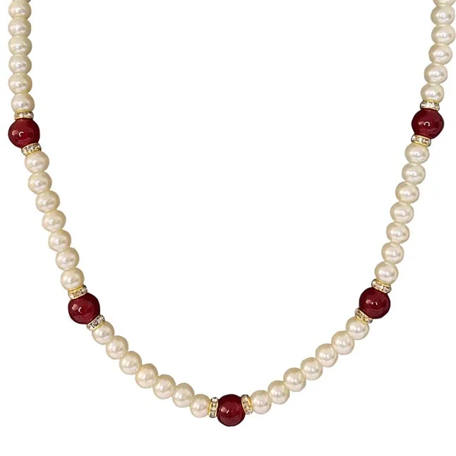 Radiant Charms: Enchanted White Shell Pearl & Crimson Bead Necklace (PS585)