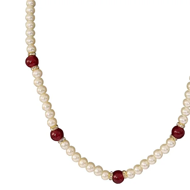 Radiant Charms: Enchanted White Shell Pearl & Crimson Bead Necklace (PS585)