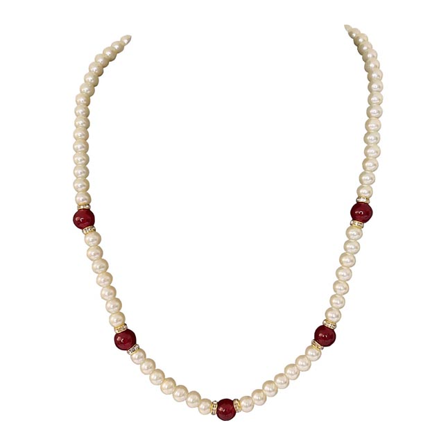 Radiant Charms: Enchanted White Shell Pearl & Crimson Bead Necklace (PS585)