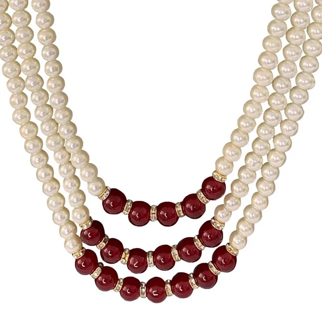 3 Line Shell Pearl & Coloured Stone Necklace (PS586)