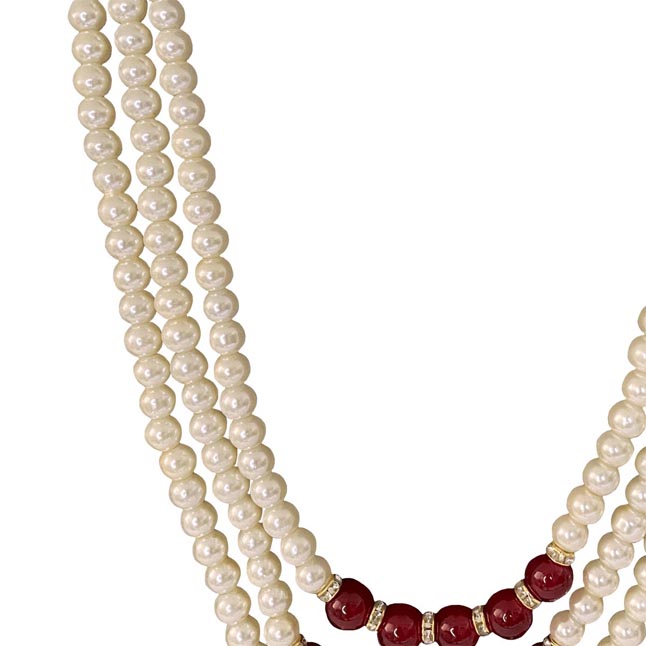 3 Line Shell Pearl & Coloured Stone Necklace (PS586)