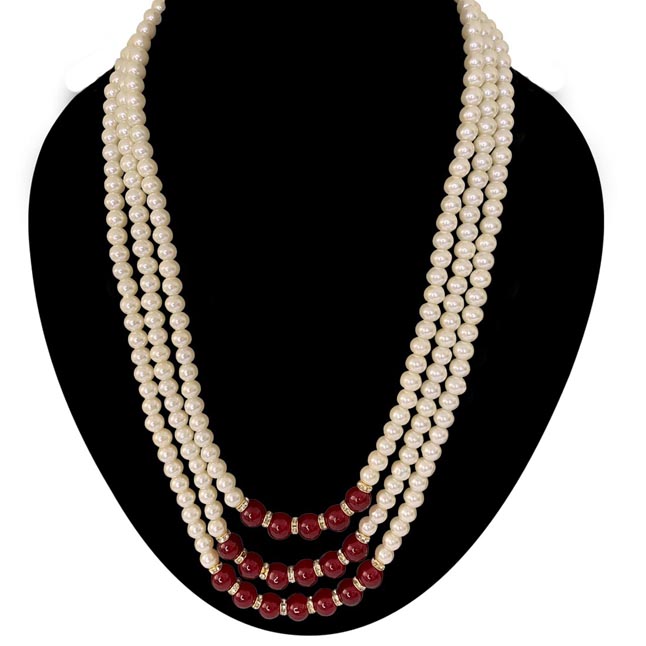 3 Line Shell Pearl & Coloured Stone Necklace (PS586)