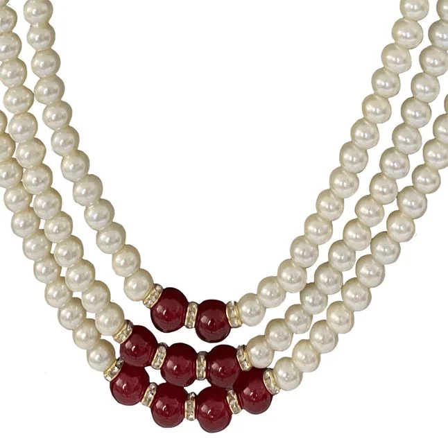 3 Line Shell Pearl & Coloured Stone Necklace (PS587)