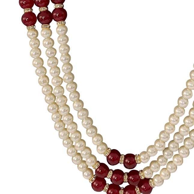 3 Line Shell Pearl & Coloured Stone Necklace (PS587)